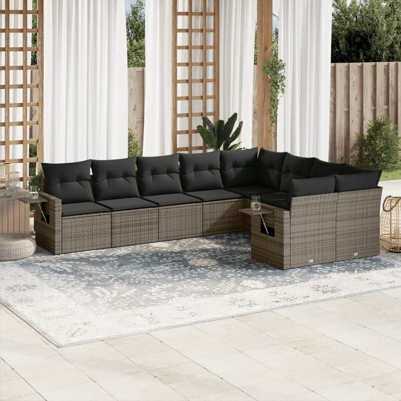9-delige Loungeset met kussens poly rattan grijs