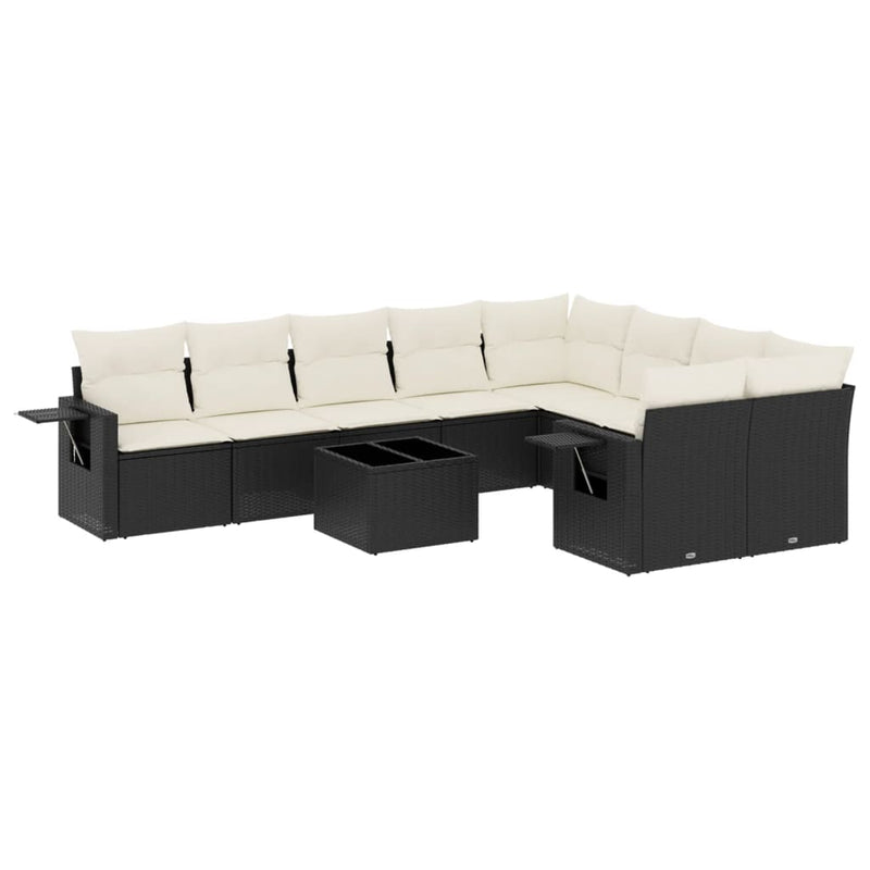 10-delige Loungeset met kussens poly rattan zwart