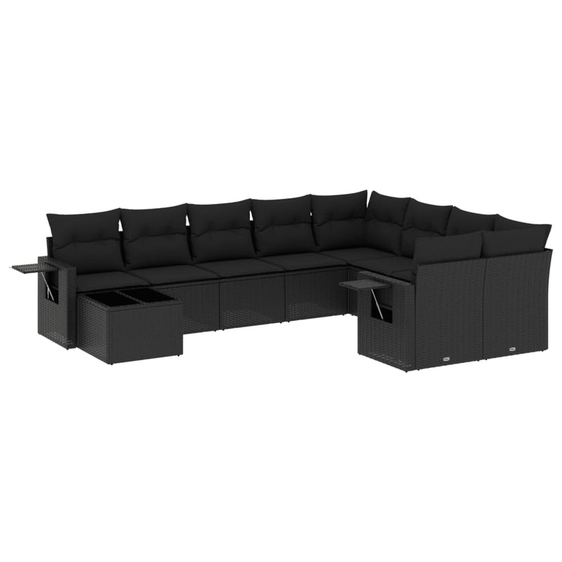 10-delige Loungeset met kussens poly rattan zwart