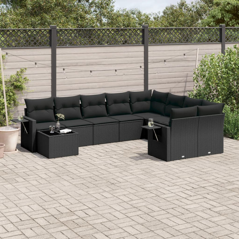 10-delige Loungeset met kussens poly rattan zwart