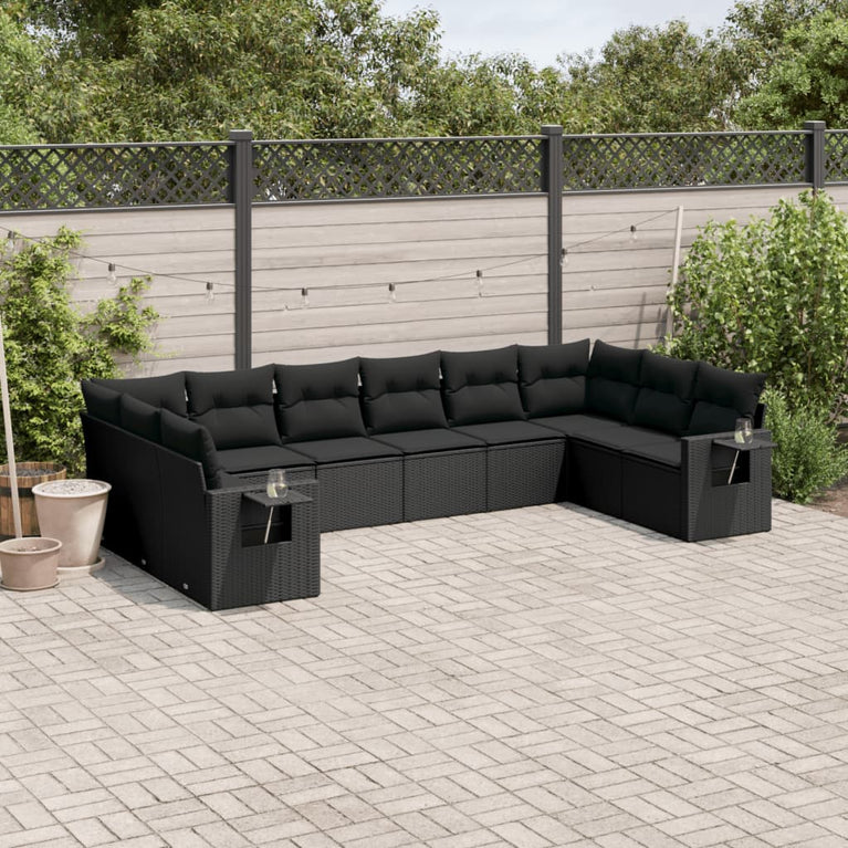 10-delige Loungeset met kussens poly rattan zwart