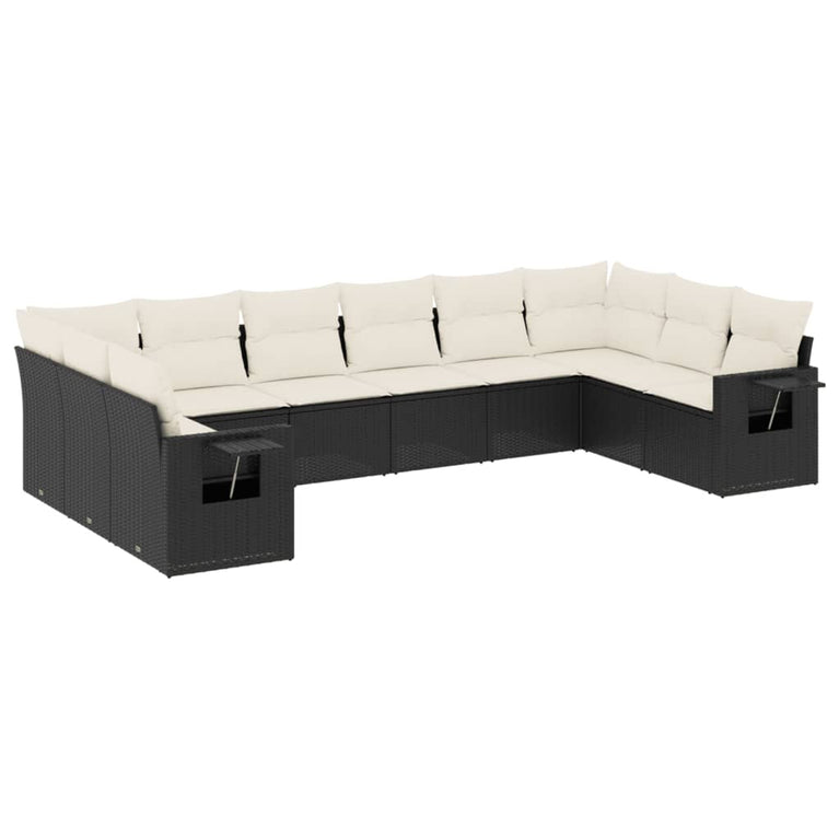 10-delige Loungeset met kussens poly rattan zwart