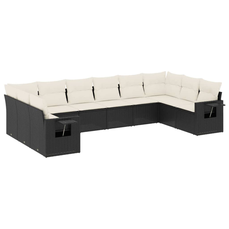 10-delige Loungeset met kussens poly rattan zwart