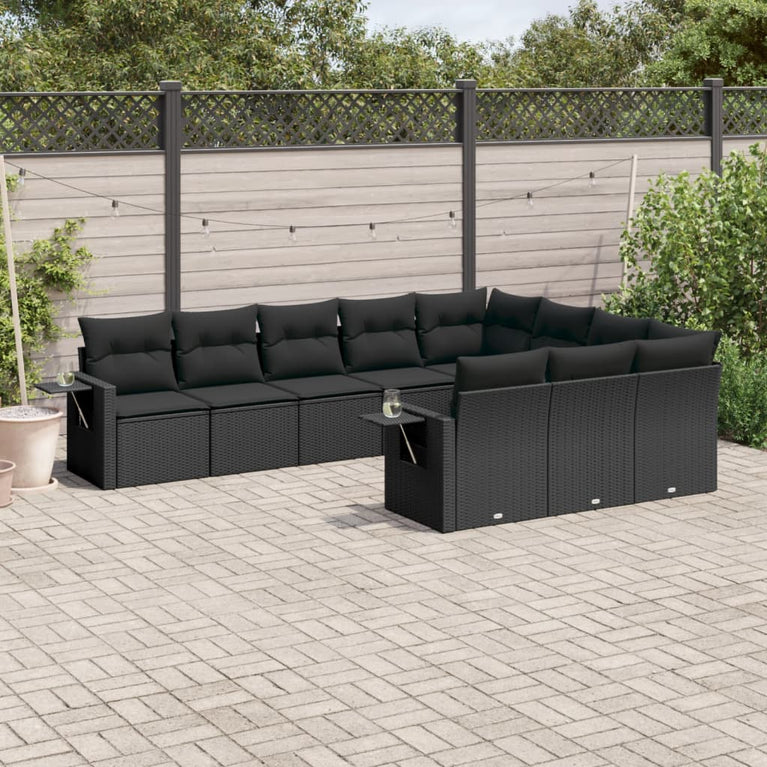 10-delige Loungeset met kussens poly rattan zwart