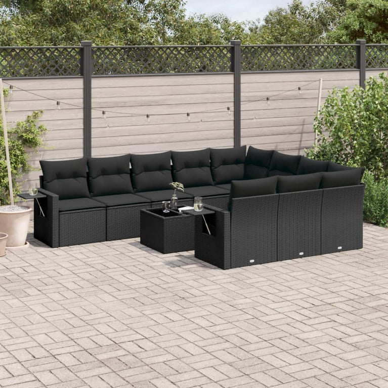11-delige Loungeset met kussens poly rattan zwart