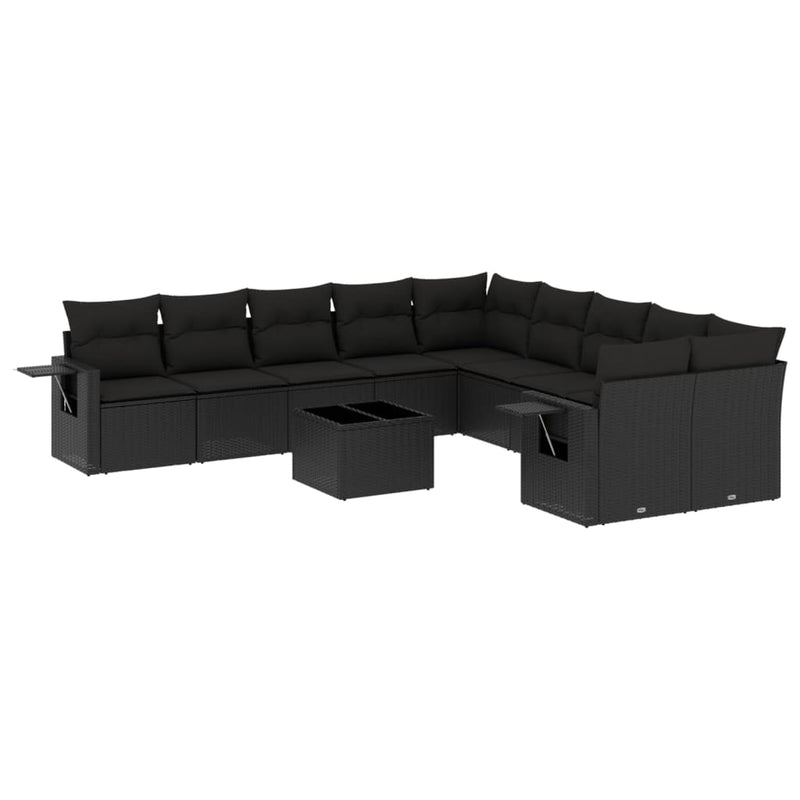 11-delige Loungeset met kussens poly rattan zwart