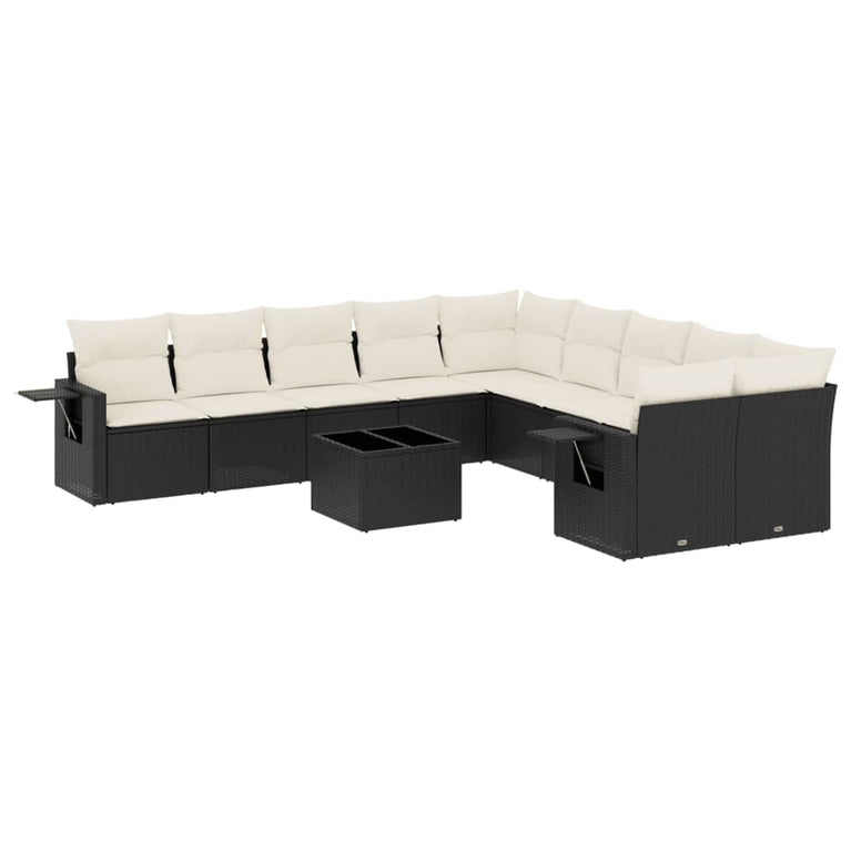 11-delige Loungeset met kussens poly rattan zwart