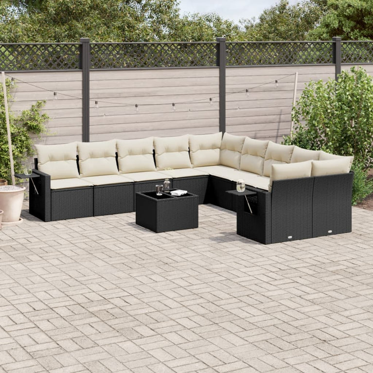 11-delige Loungeset met kussens poly rattan zwart