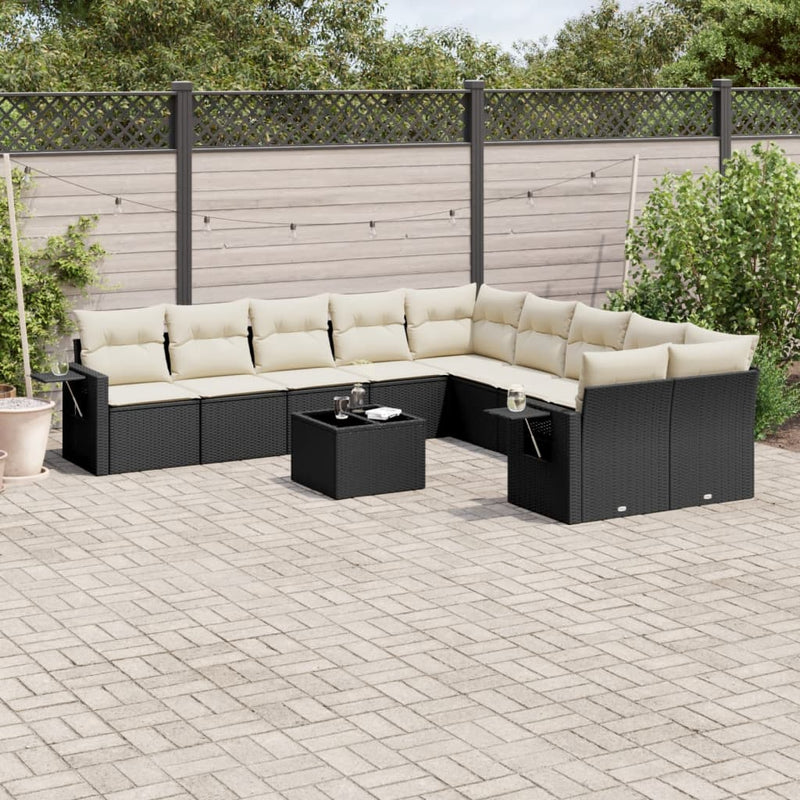 11-delige Loungeset met kussens poly rattan zwart