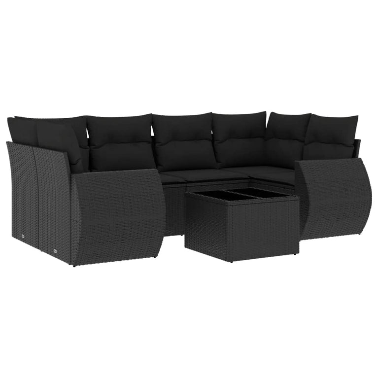 7-delige Loungeset met kussens poly rattan zwart