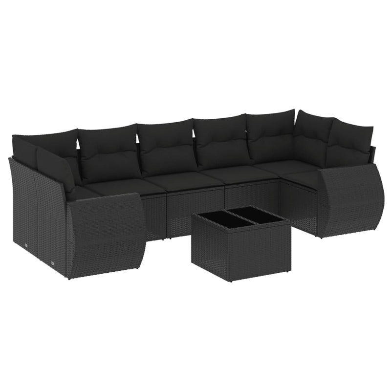 8-delige Loungeset met kussens poly rattan zwart