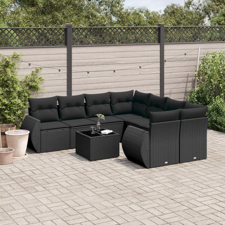 9-delige Loungeset met kussens poly rattan zwart