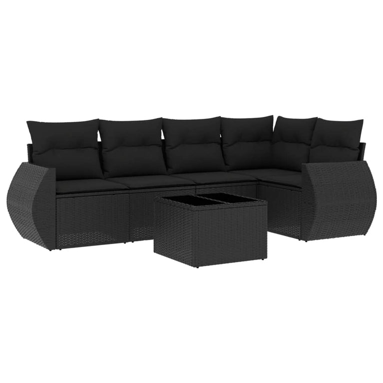 6-delige Loungeset met kussens poly rattan zwart