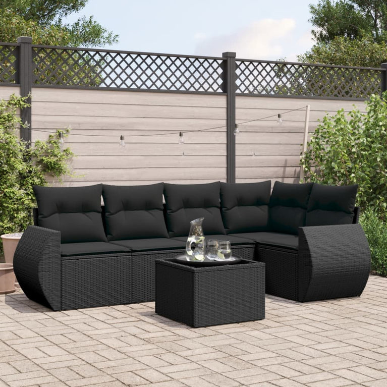 6-delige Loungeset met kussens poly rattan zwart