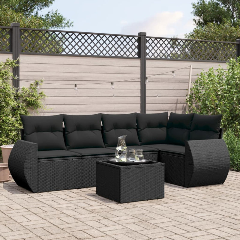 6-delige Loungeset met kussens poly rattan zwart