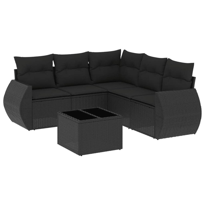 6-delige Loungeset met kussens poly rattan zwart
