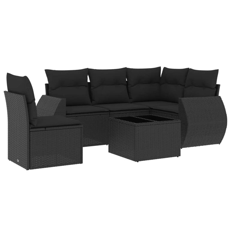 6-delige Loungeset met kussens poly rattan zwart