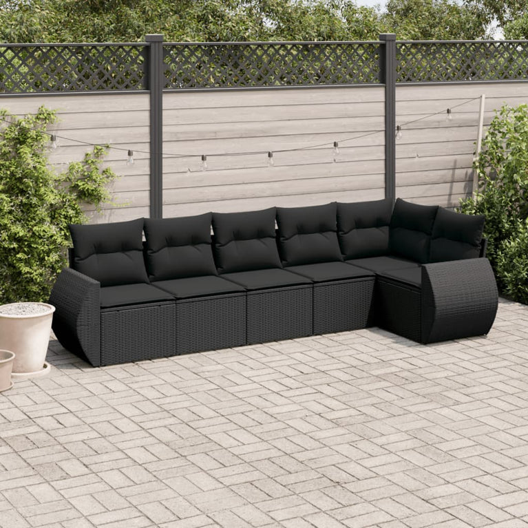 6-delige Loungeset met kussens poly rattan zwart