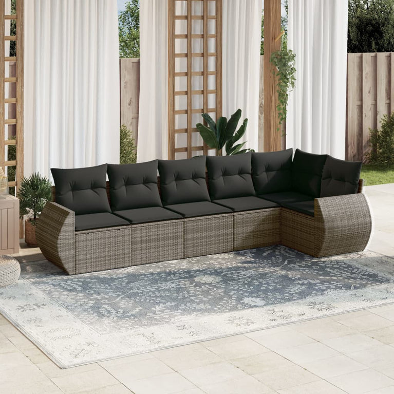 6-delige Loungeset met kussens poly rattan grijs