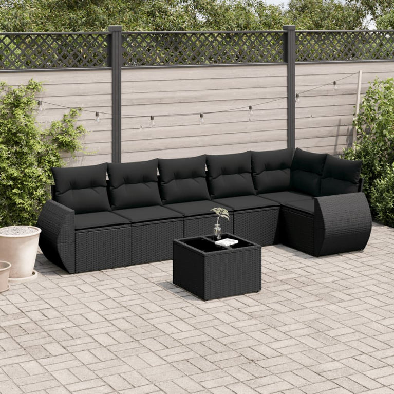 7-delige Loungeset met kussens poly rattan zwart