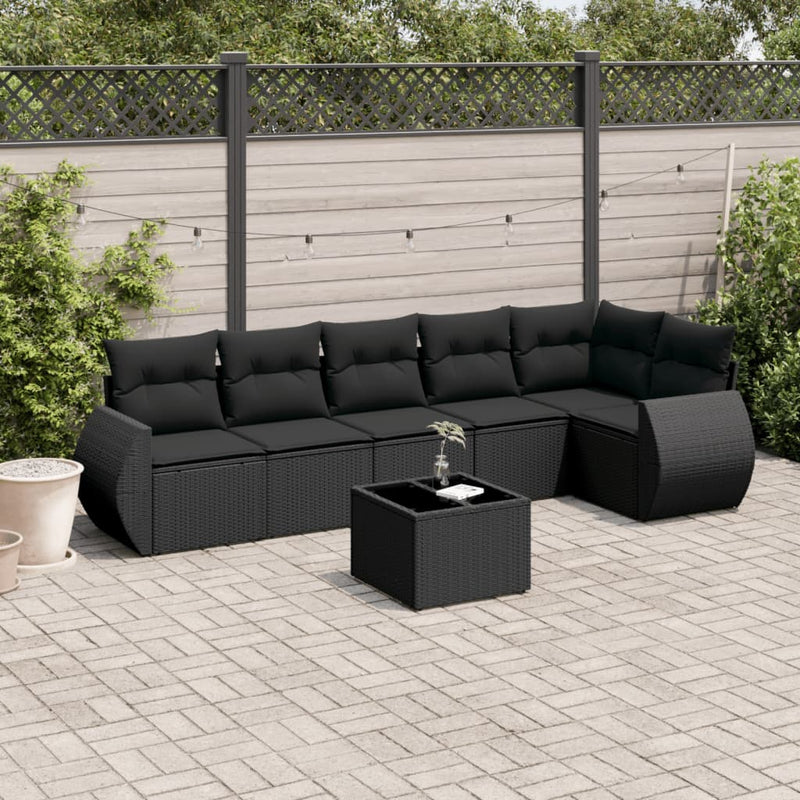 7-delige Loungeset met kussens poly rattan zwart