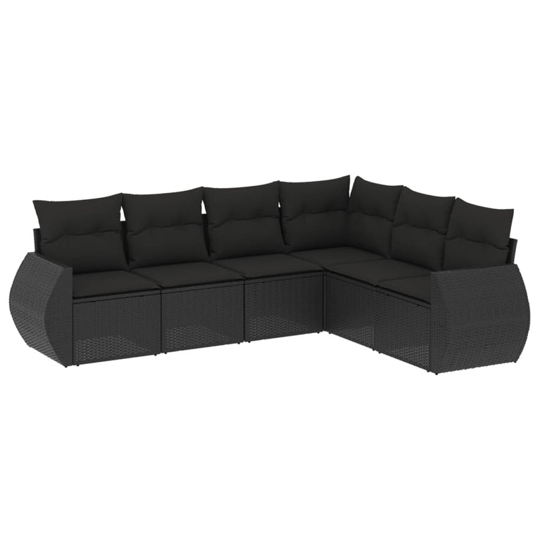 6-delige Loungeset met kussens poly rattan zwart