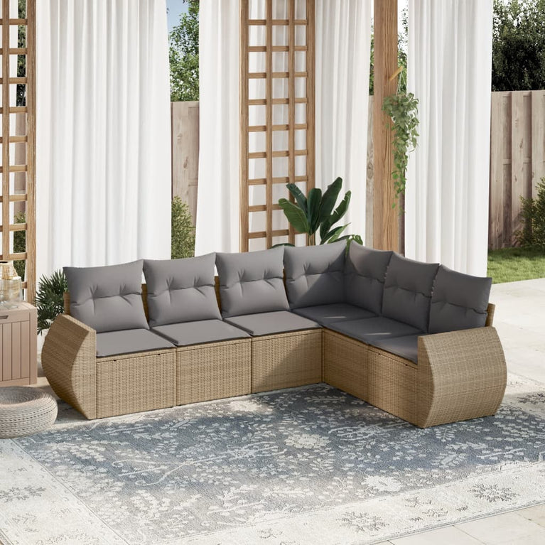6-delige Loungeset met kussens poly rattan beige