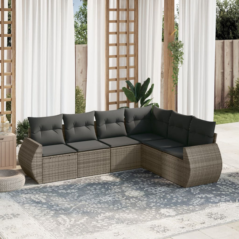 6-delige Loungeset met kussens poly rattan grijs