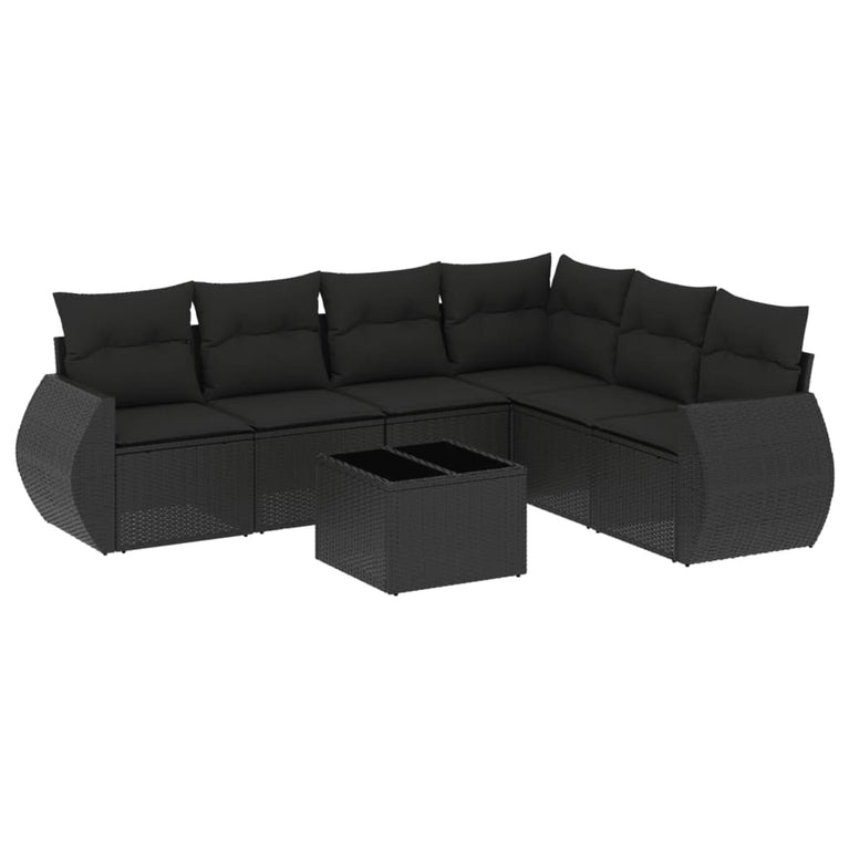 7-delige Loungeset met kussens poly rattan zwart