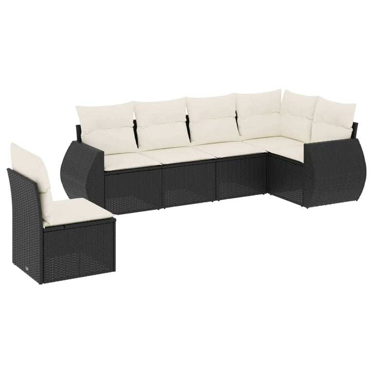 6-delige Loungeset met kussens poly rattan zwart