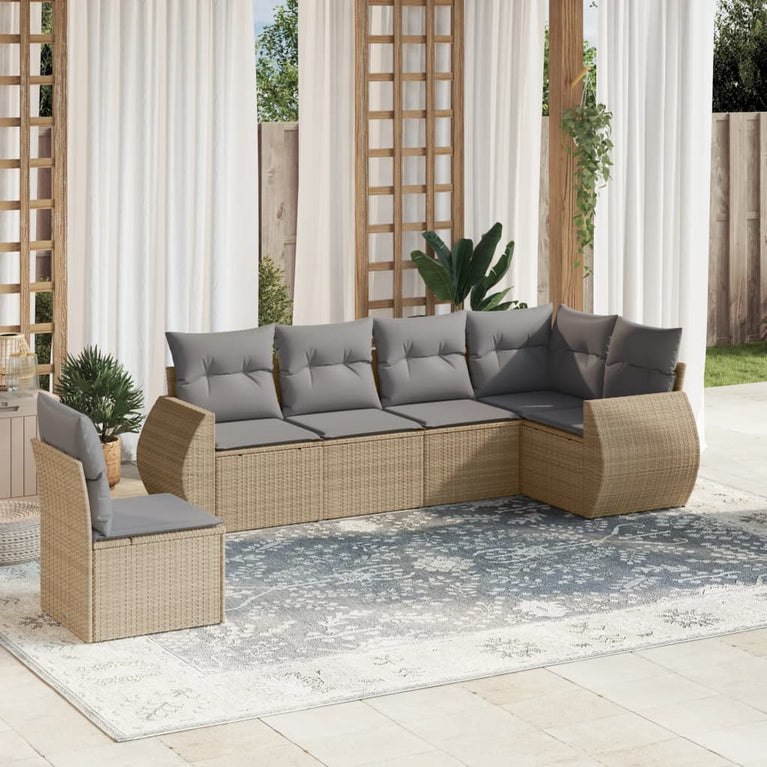 6-delige Loungeset met kussens poly rattan beige