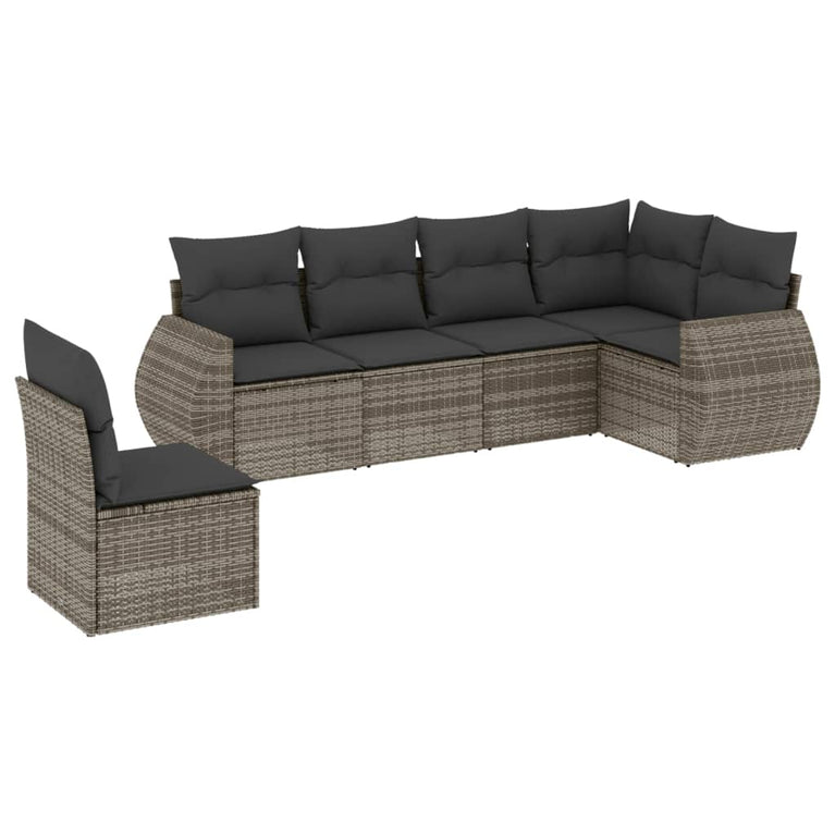 6-delige Loungeset met kussens poly rattan grijs