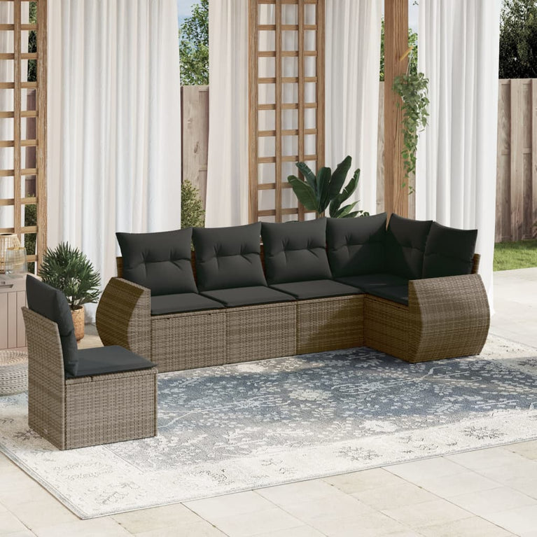 6-delige Loungeset met kussens poly rattan grijs