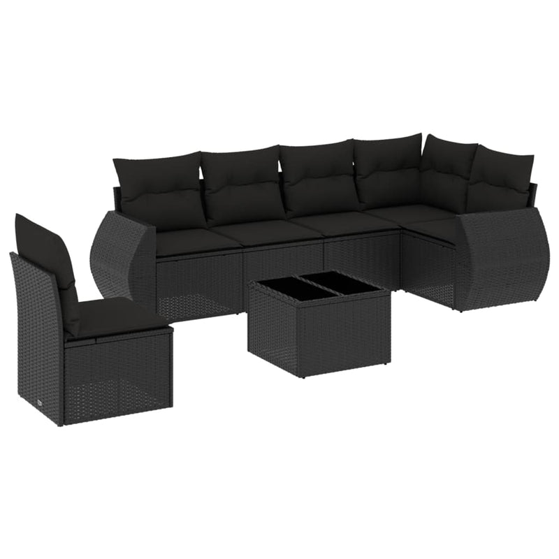 7-delige Loungeset met kussens poly rattan zwart