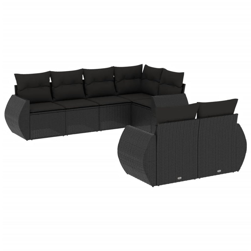 7-delige Loungeset met kussens poly rattan zwart