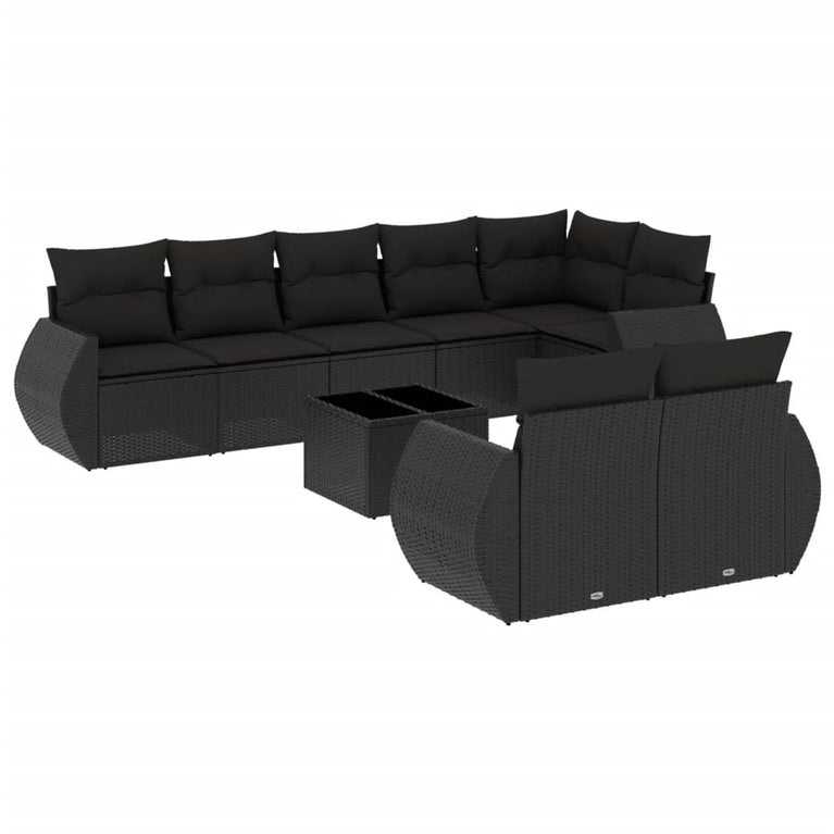 9-delige Loungeset met kussens poly rattan zwart