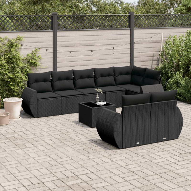 9-delige Loungeset met kussens poly rattan zwart