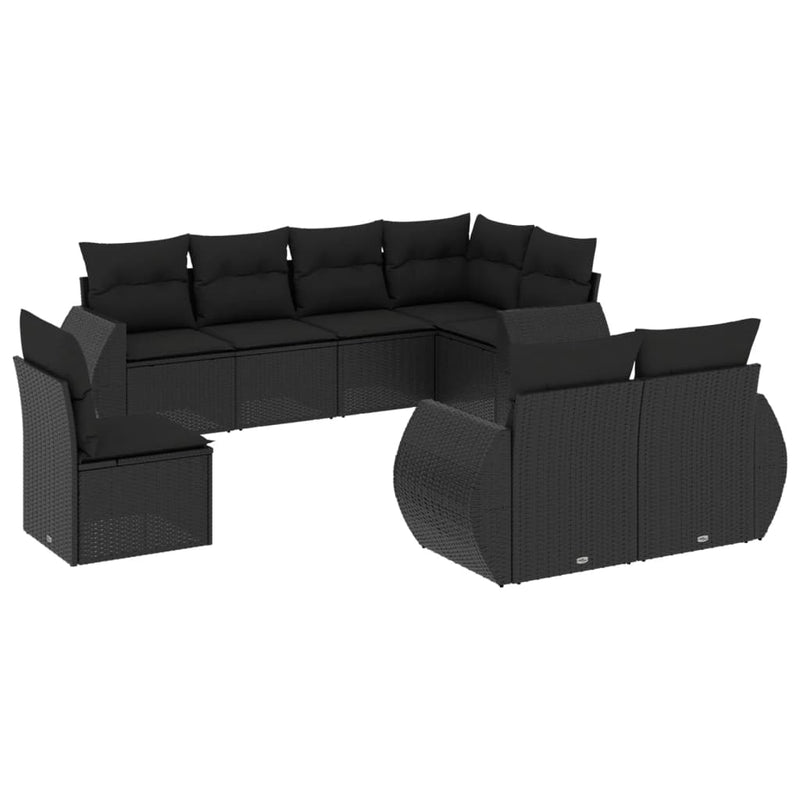 8-delige Loungeset met kussens poly rattan zwart