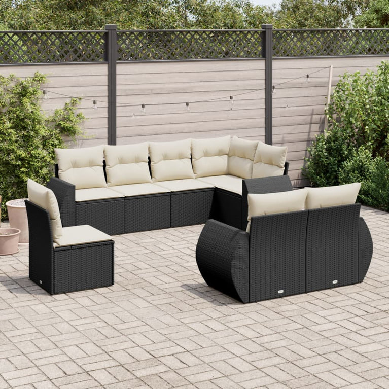 8-delige Loungeset met kussens poly rattan zwart