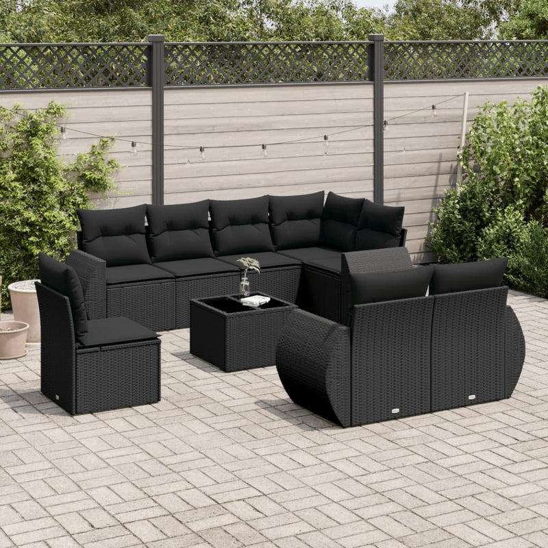 9-delige Loungeset met kussens poly rattan zwart
