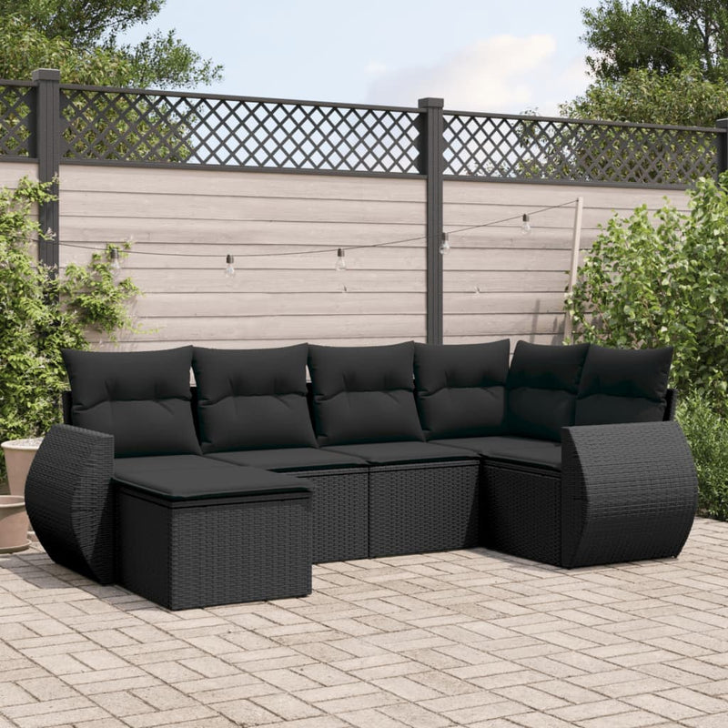 6-delige Loungeset met kussens poly rattan zwart