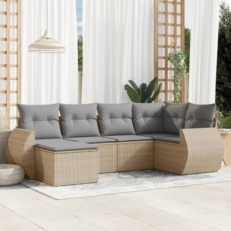 6-delige Loungeset met kussens poly rattan beige