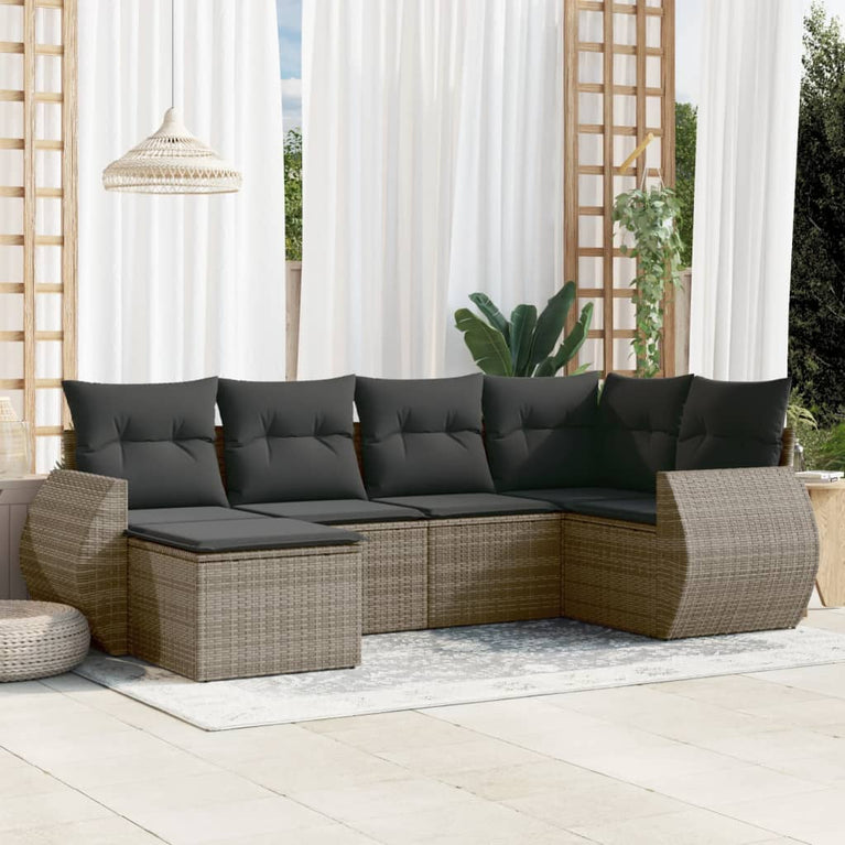 6-delige Loungeset met kussens poly rattan grijs