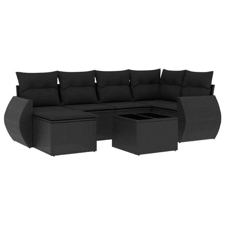 7-delige Loungeset met kussens poly rattan zwart