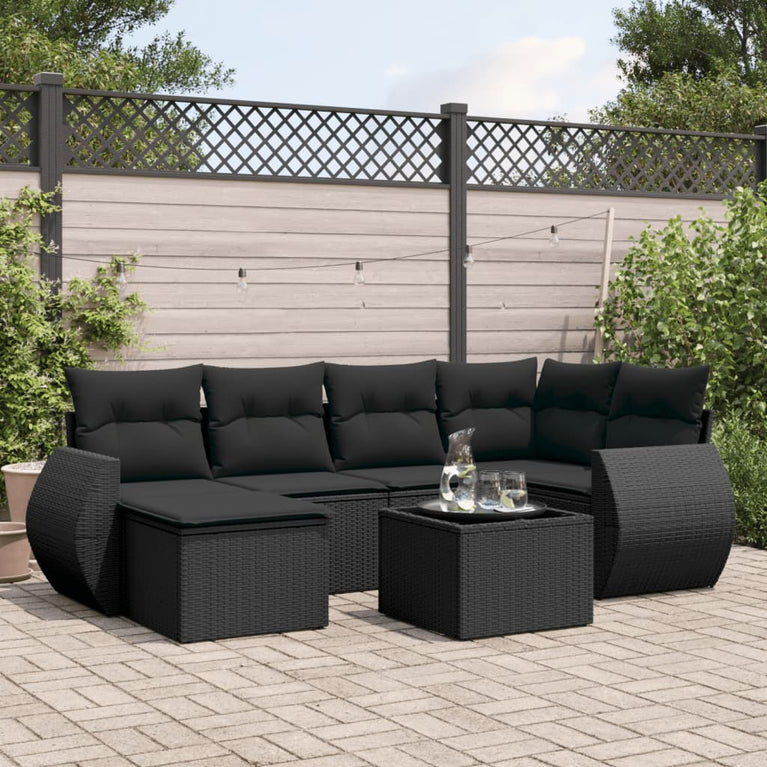 7-delige Loungeset met kussens poly rattan zwart