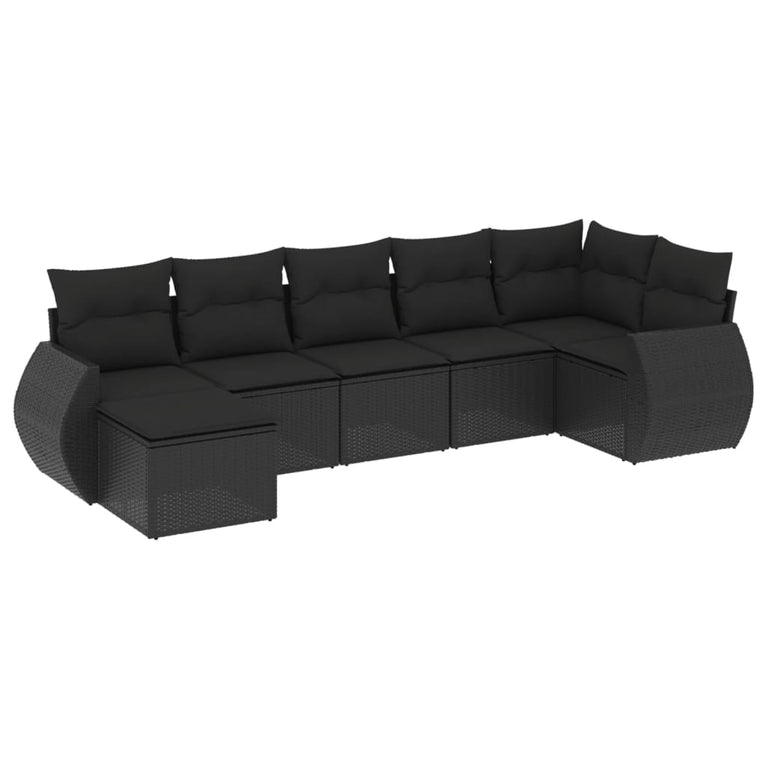 7-delige Loungeset met kussens poly rattan zwart