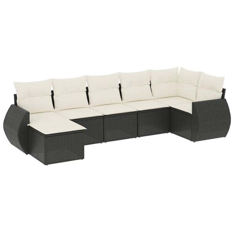 7-delige Loungeset met kussens poly rattan zwart