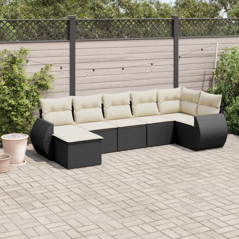 7-delige Loungeset met kussens poly rattan zwart