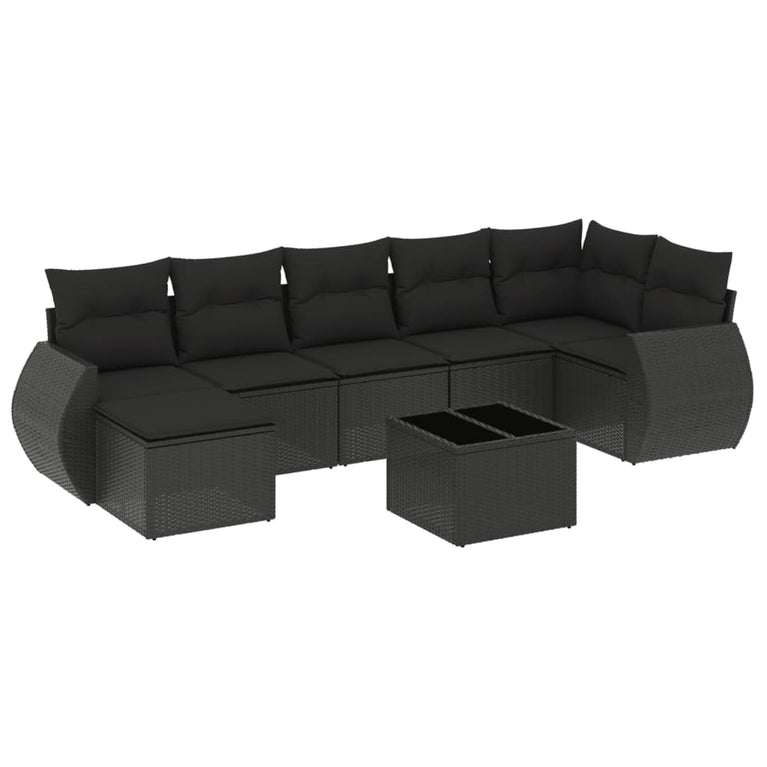 8-delige Loungeset met kussens poly rattan zwart