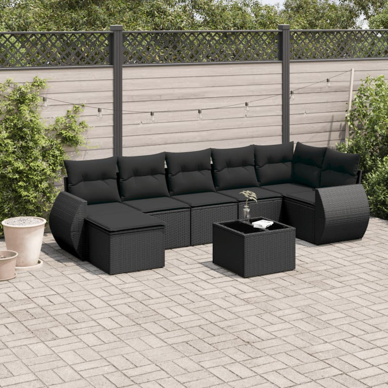 8-delige Loungeset met kussens poly rattan zwart